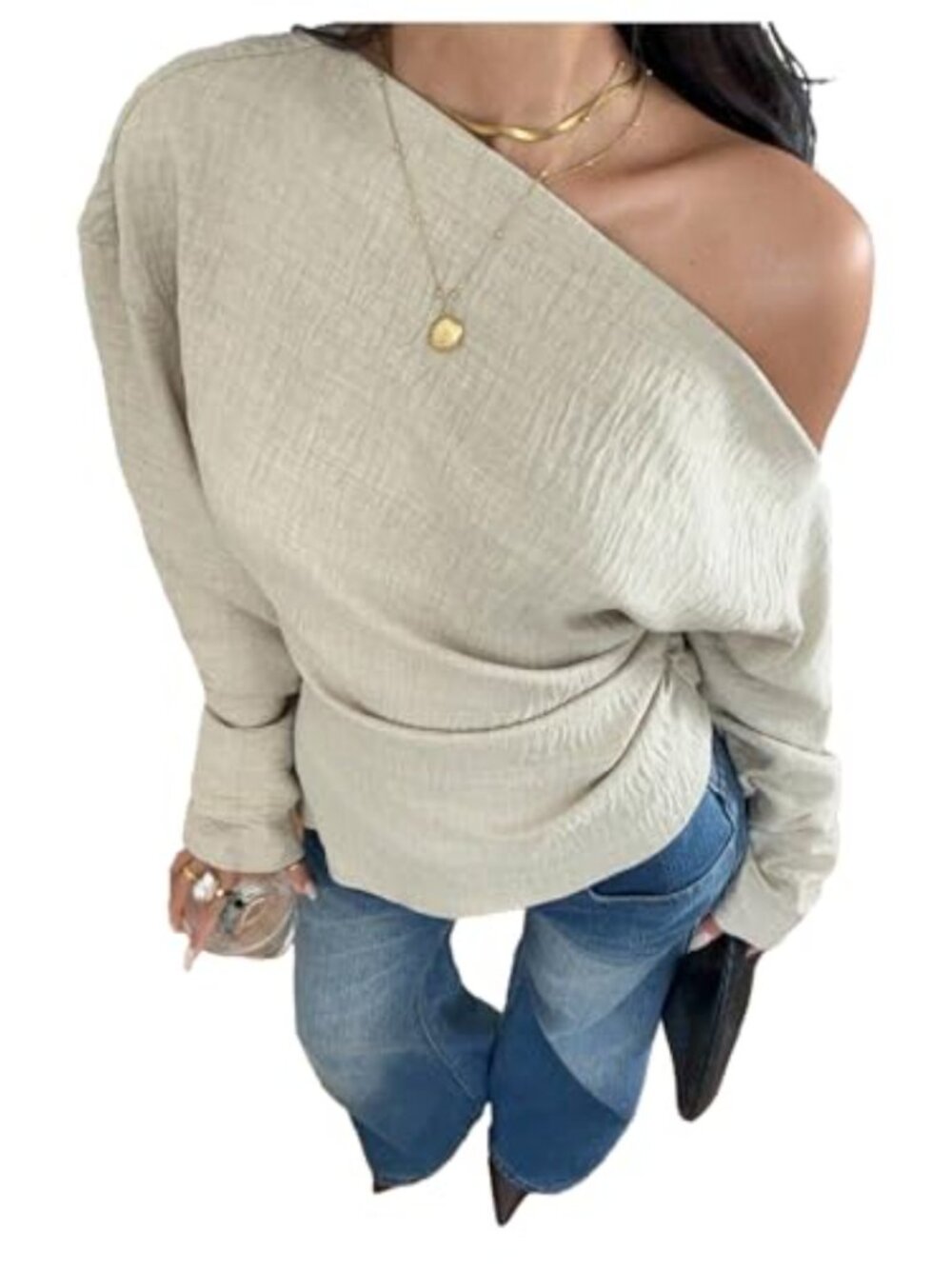 Off Shoulder Long Sleeve Blouse Ruched Asymmetrical Cinched Waist Top